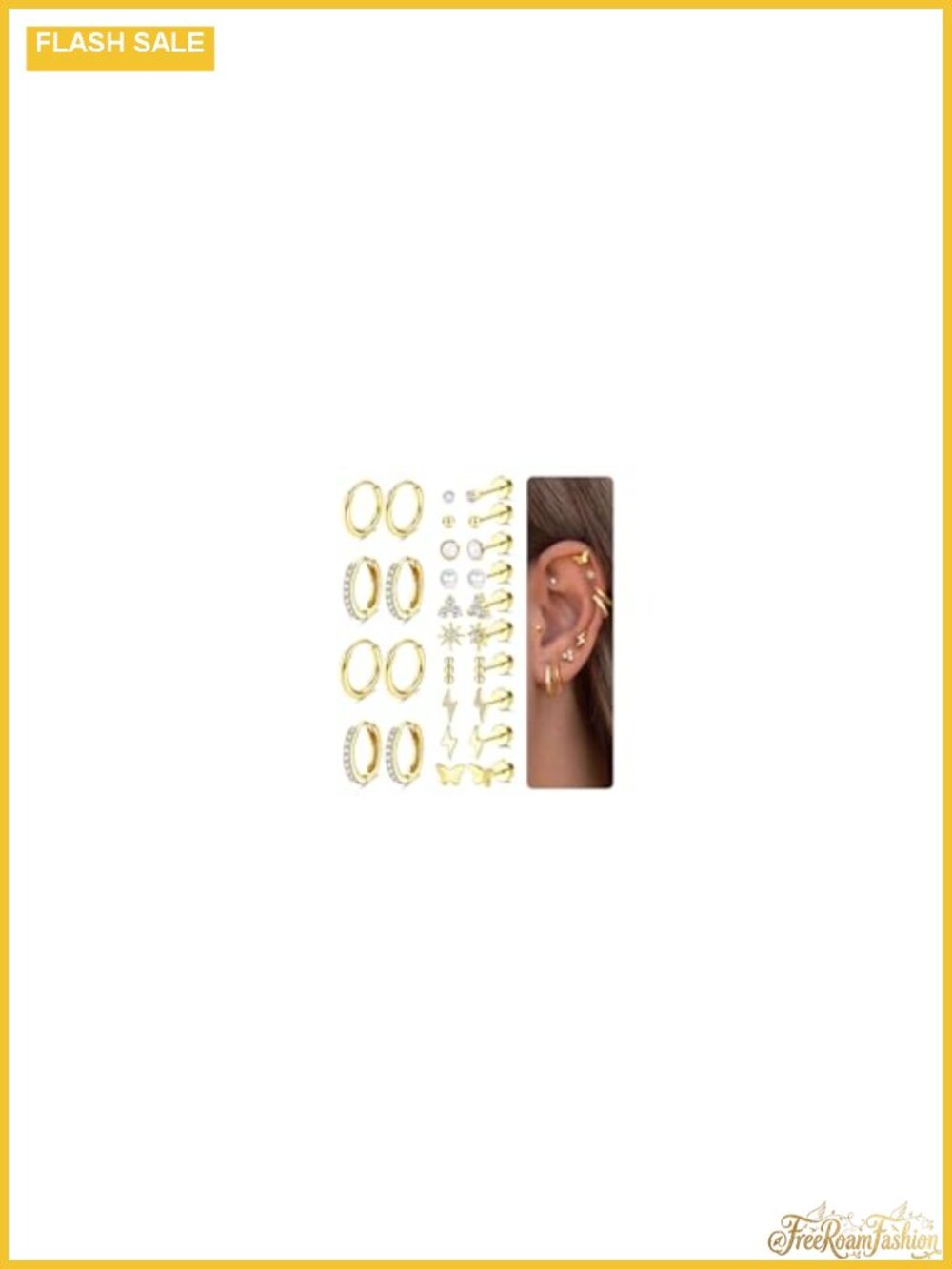 14K Gold Plated Flat Back Stud & Hoop Cartilage Earrings Set
